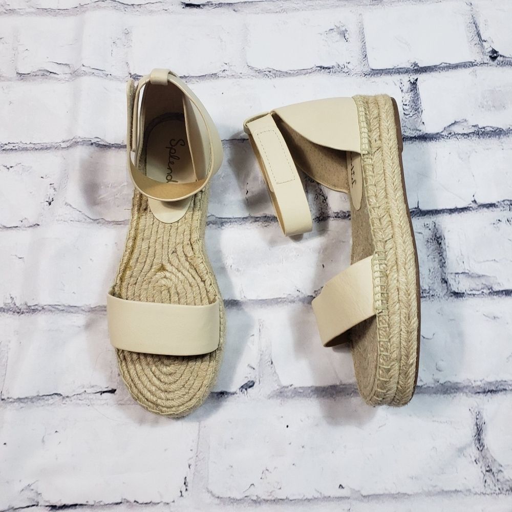 SPLENDID Cream Bone Leather Hemp Ankle Strap Flatform Espadrilles Size 10